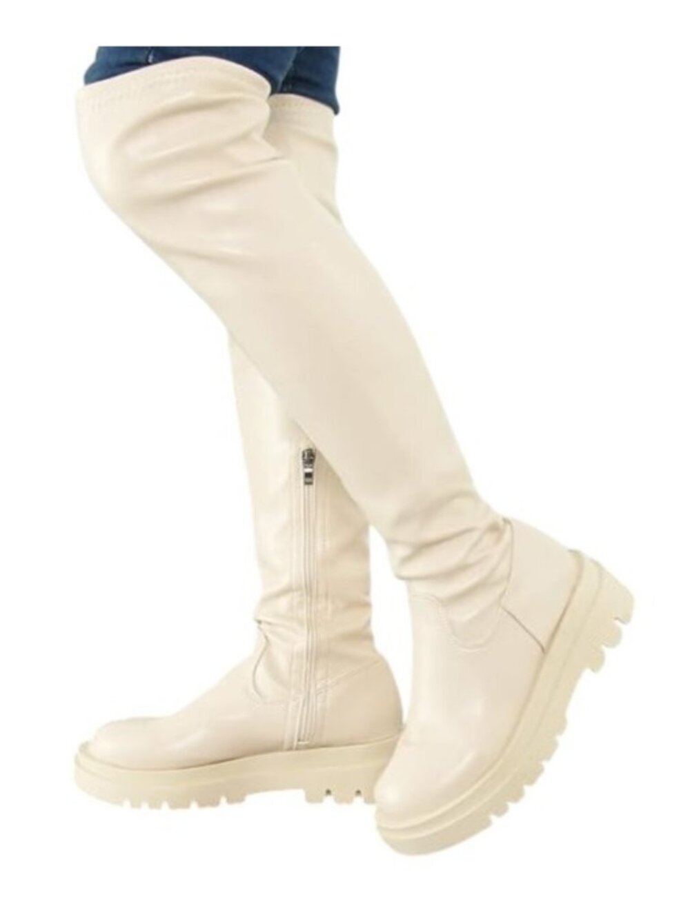 Cream Over The Knee Platform Boots Womens EU 36 US 6 Lug Sole Side Zip